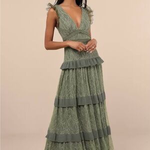 Lulu's Olive Lace Tiered Maxi Dress